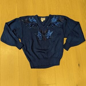 Vintage Navy Blue Embellished Women's Sweater
